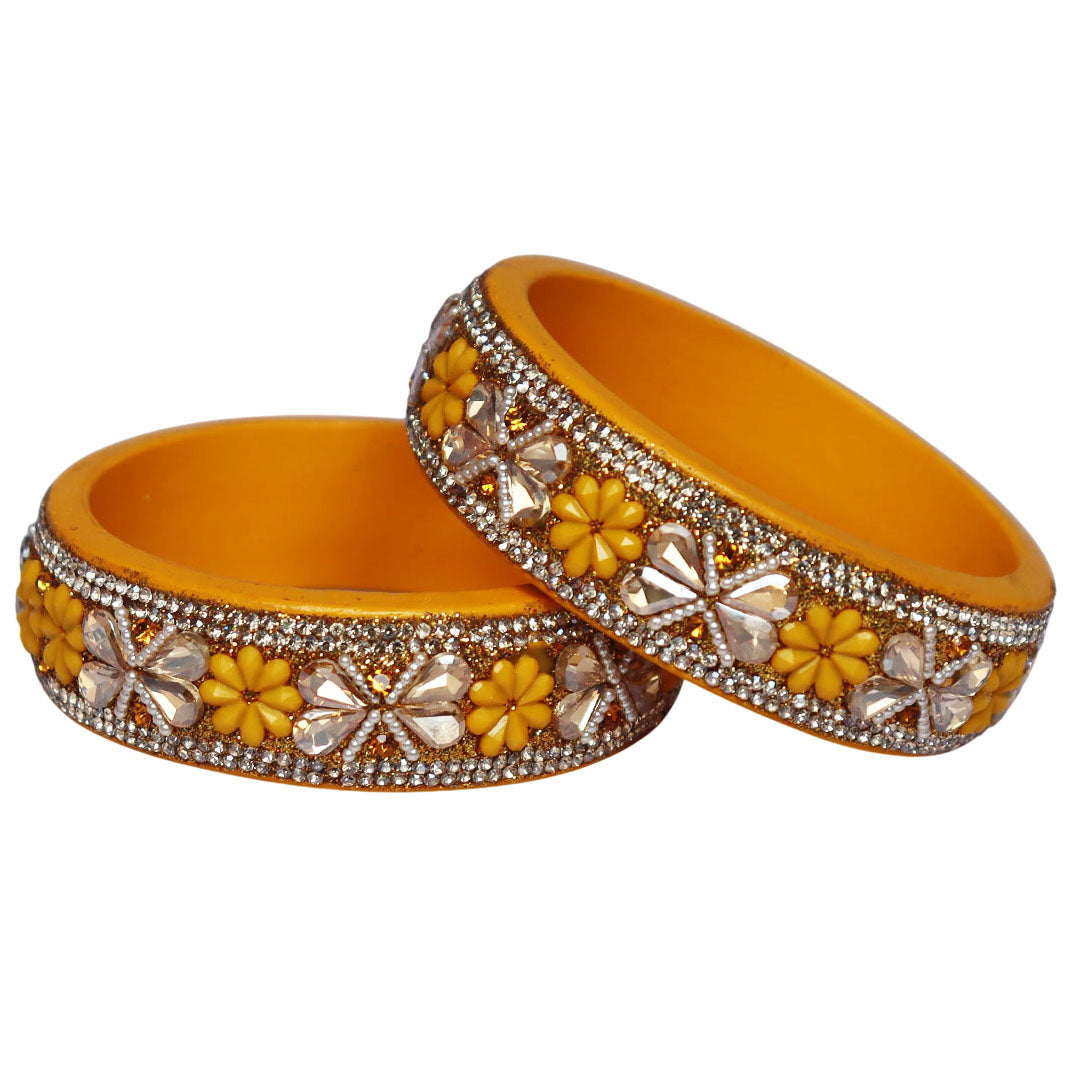 Designer Kundan Lac Bangles with Floral Rhinestones & Pearl Work by TAJ BRIDAL STORE