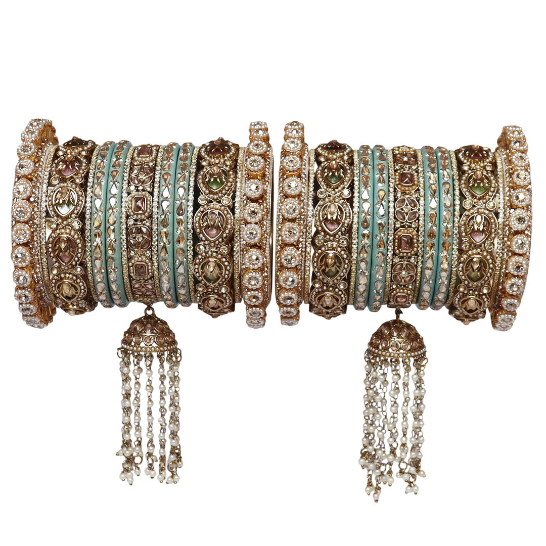 Handmade Premium Rajwadi Bridal Bangles Set featuring Sky Blue Lac Bangles, Antique Gold Metal Bangles, Kundan Stones, Pearl Jhoomer Latkan and Royal Rajasthani Wedding Design