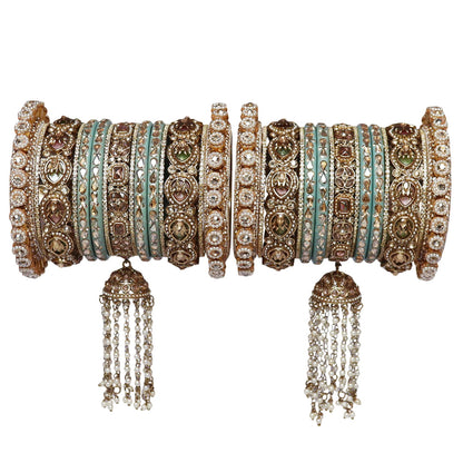 Handmade Premium Rajwadi Bridal Bangles Set featuring Sky Blue Lac Bangles, Antique Gold Metal Bangles, Kundan Stones, Pearl Jhoomer Latkan and Royal Rajasthani Wedding Design