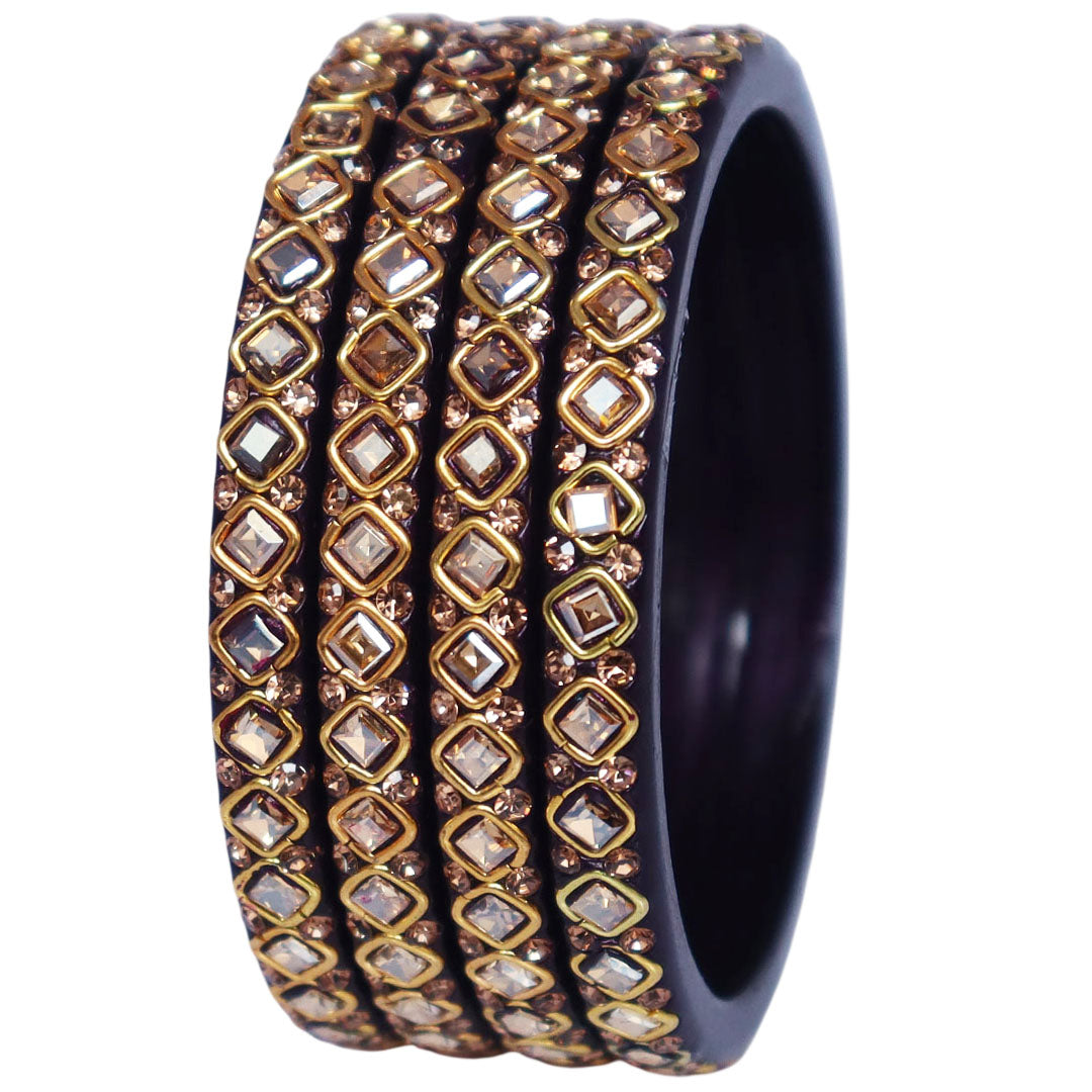Premium handcrafted lac bangles for women with square Kundan design and sparkling rhinestones, elegant Rajasthani bridal bangles set