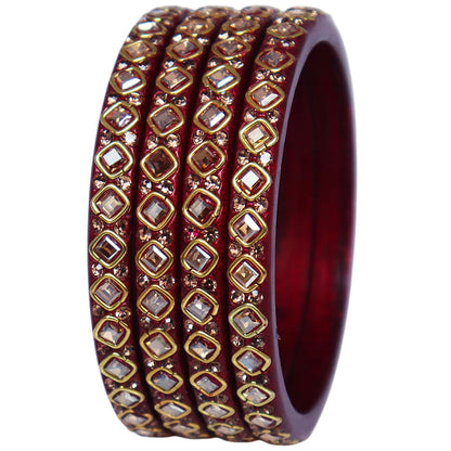 Premium lac bangles for women with square Kundan and rhinestone design, handmade traditional Rajasthani wedding and festive bangles set of 4 by TAJ BRIDAL STORE