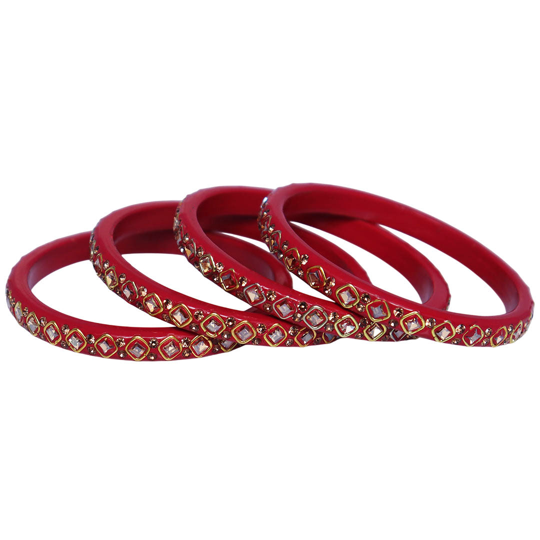 Premium lac bangles for women with square Kundan and rhinestone design, handmade traditional Rajasthani wedding and festive bangles set of 4 by TAJ BRIDAL STORE