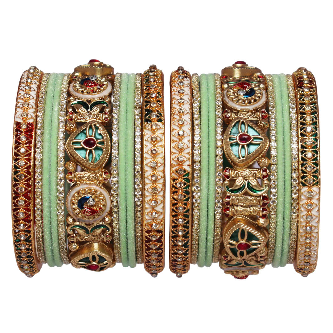 Designer Short Bridal Bangles Set for Women in Sea Green & Golden | Handmade Rajwadi Kundan Velvet Wedding Bangles with Meenakari Stone Work