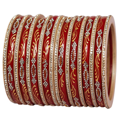 Traditional Jaipur lac bangles set for women with handpainted golden leaf artwork and stone work, glossy premium Rajasthani short bangles for weddings and festivals.