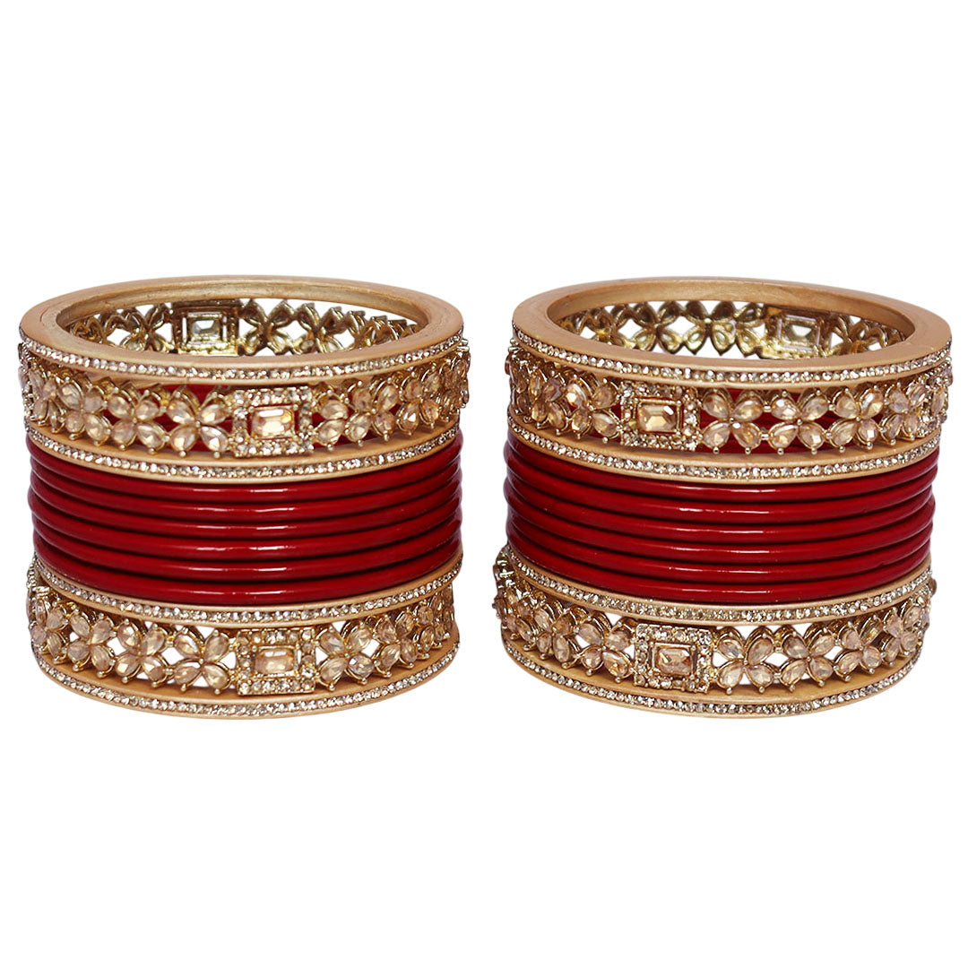 Karwa Chauth red lac bangles with AD stones and Kundan design