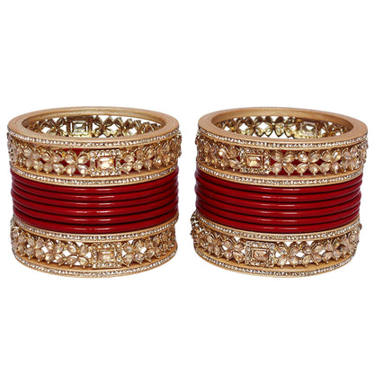 Karwa Chauth red lac bangles with AD stones and Kundan design