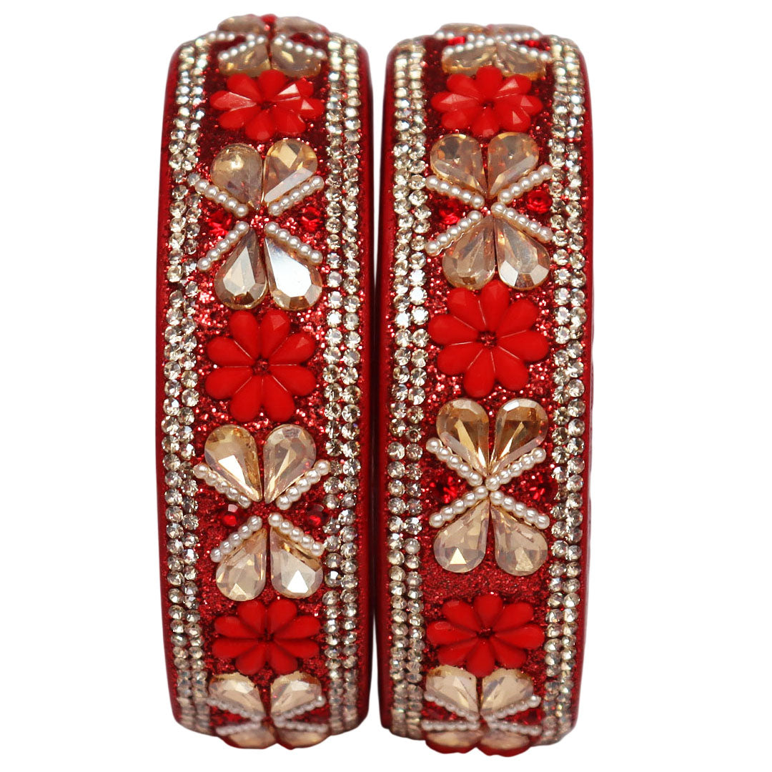 Designer Kundan Lac Bangles with Floral Rhinestones & Pearl Work by TAJ BRIDAL STORE