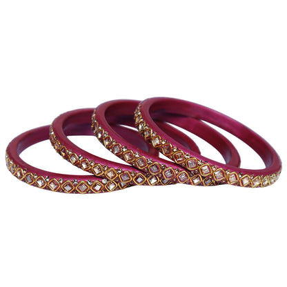 Premium Lac Bangles for Women with Square Kundan & Rhinestone Design | Handmade Traditional Rajasthani Wedding & Festive Bangles | Set of 4 | TAJ BRIDAL STORE