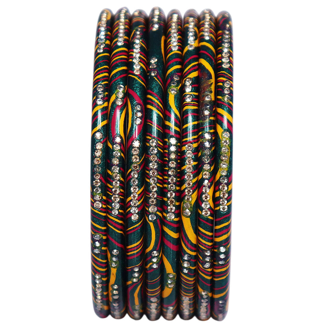 Premium Rajasthani Leheriya Pure Lac Bangles with Glossy Finish and Rhinestone Embellishments