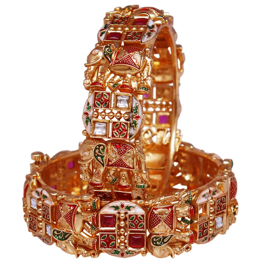Gold Plated Stylish Metal Bracelet with Elephant & Kundan Design