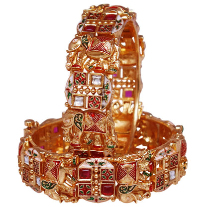 Gold Plated Stylish Metal Bracelet with Elephant & Kundan Design