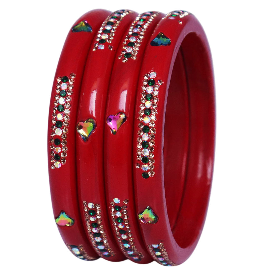 Rajasthani Lac Bangles with Heart Shape Kundan & Rhinestones