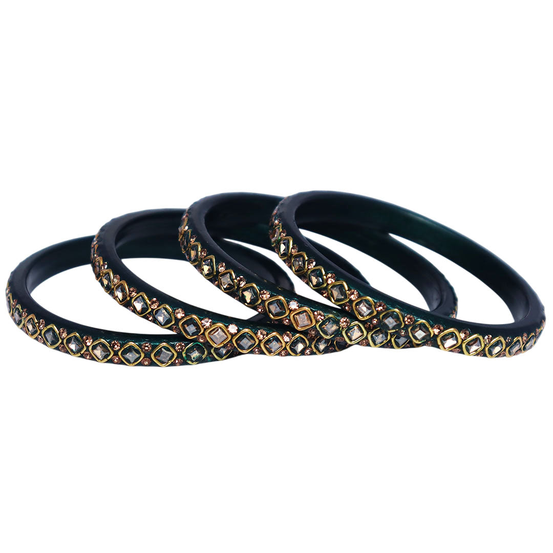 Handmade lac bangles for women featuring square Kundan stones and rhinestone embellishments, traditional Rajasthani festive and wedding bangles set of 4