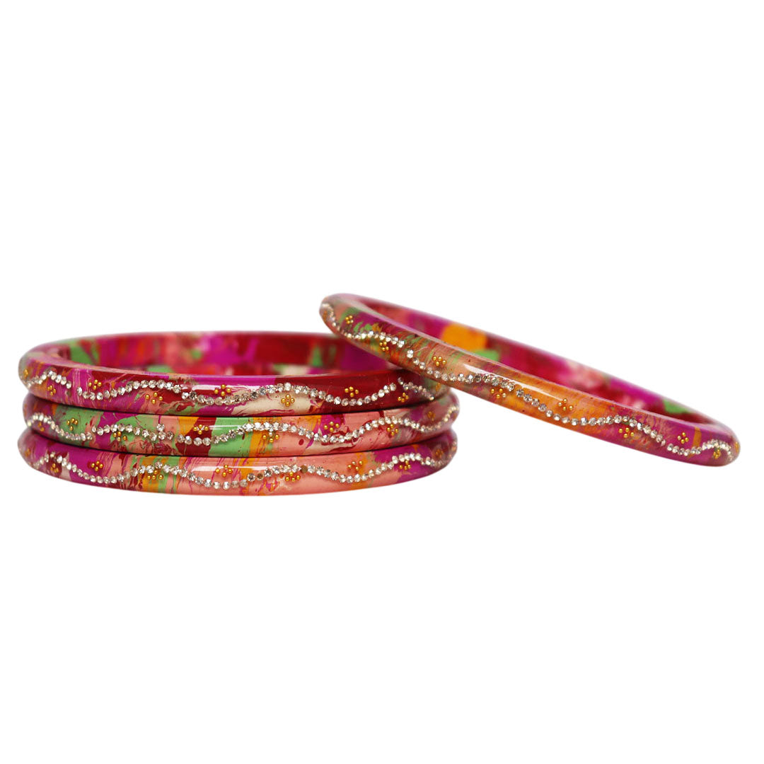 Traditional Rajasthan Handmade Lac Bangles for Women Designer Glossy Rhinestone Wave Pattern Jewelry Set