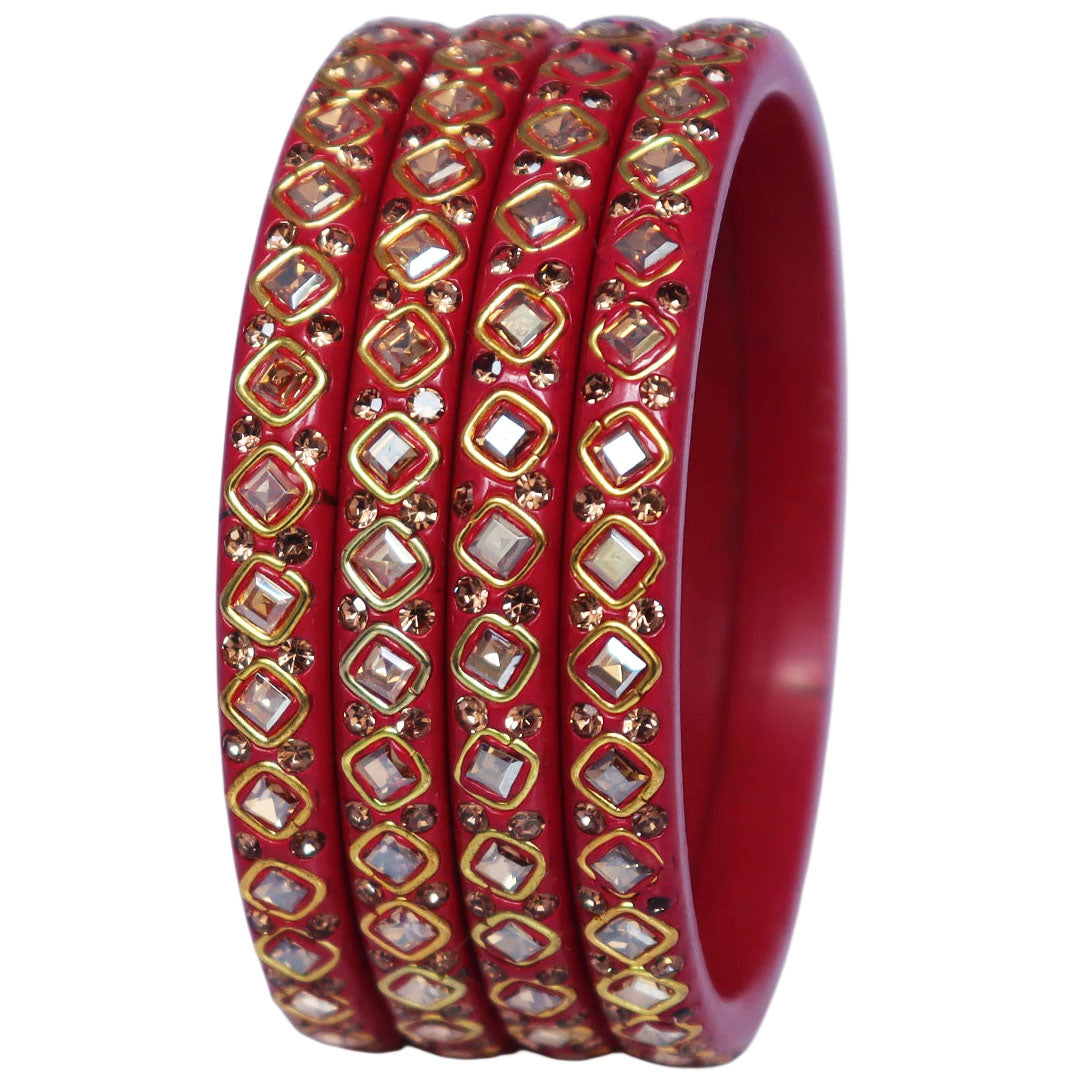 Traditional Rajasthani premium lac bangles with square Kundan and rhinestone design for women, handcrafted wedding jewellery set of 4