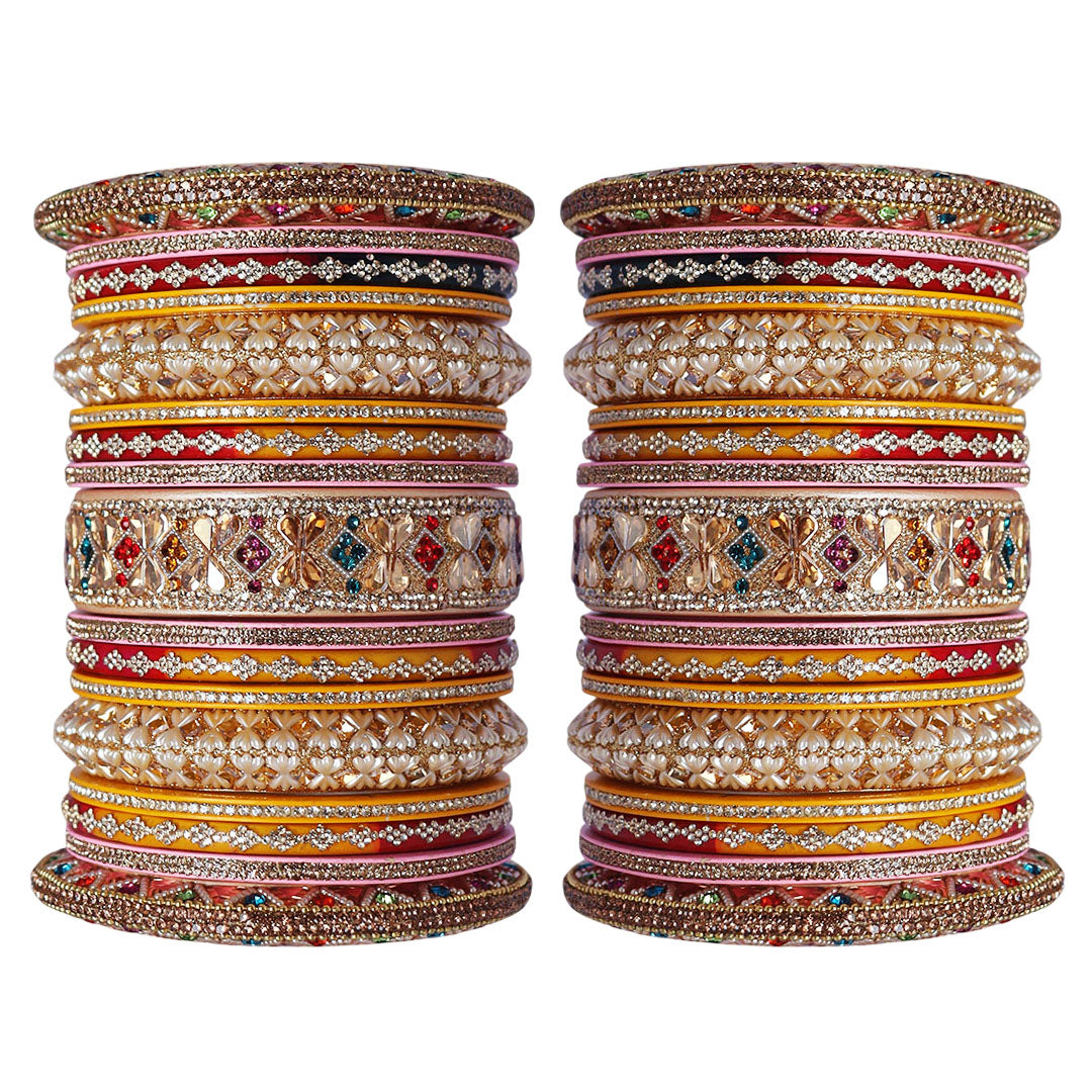 Traditional Rajasthani multicolour bridal bangles with intricate Kundan work.