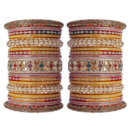 Traditional Rajasthani multicolour bridal bangles with intricate Kundan work.