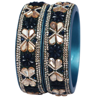 Designer Kundan Lac Bangles with Floral Rhinestones & Pearl Work by TAJ BRIDAL STORE