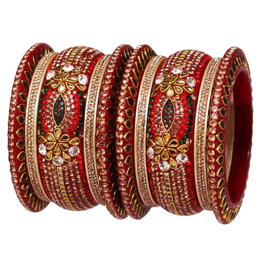 Luxurious Rajasthani Lac Bangles Set with Kundan & Rhinestone Design
