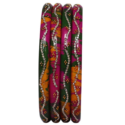 Handmade Rajasthani Pure Lac Bangles for Women Featuring Rhinestone Wave Pattern and Premium Glossy Finish Set of 4