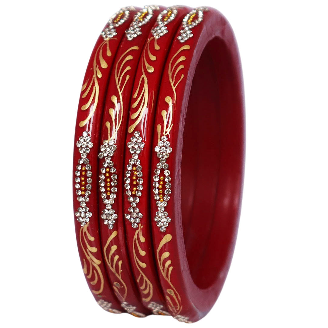Traditional Handmade Pure Lac Bangles Set of 4 featuring Handpainted Golden Leaf Design and White Rhinestone Work for Women by TAJ BRIDAL STORE