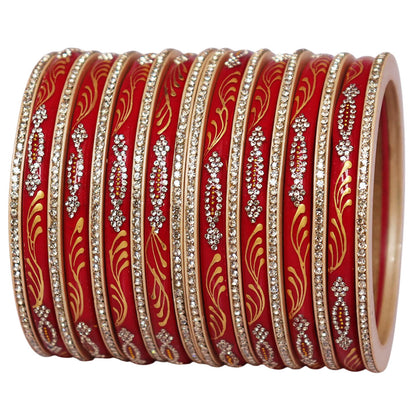 Premium handmade lac bangles set of 18 featuring golden leaf handpainting and rhinestone embellishments, authentic Rajasthani Jaipur jewelry.