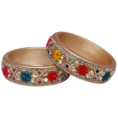 Designer Kundan Lac Bangles with Floral Rhinestones & Pearl Work by TAJ BRIDAL STORE