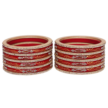 Premium handmade lac bangles set of 18 featuring golden leaf handpainting and rhinestone embellishments, authentic Rajasthani Jaipur jewelry.
