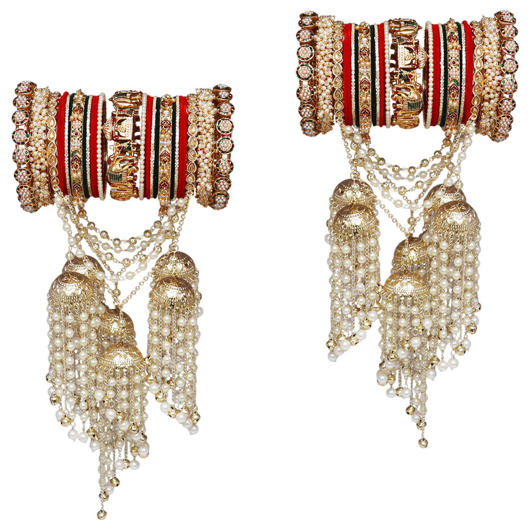 Red and green Rajasthani bridal bangles with gold-tone finish and Jhumka Latkan