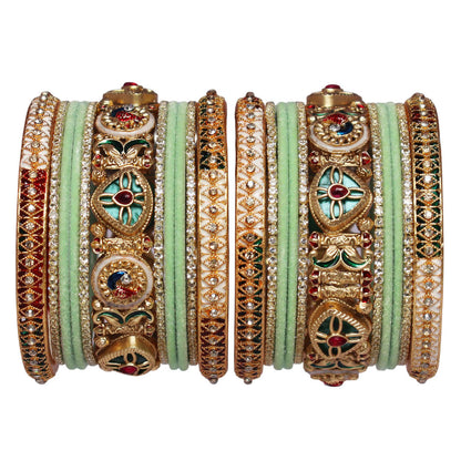 Designer Short Bridal Bangles Set for Women in Sea Green & Golden | Handmade Rajwadi Kundan Velvet Wedding Bangles with Meenakari Stone Work