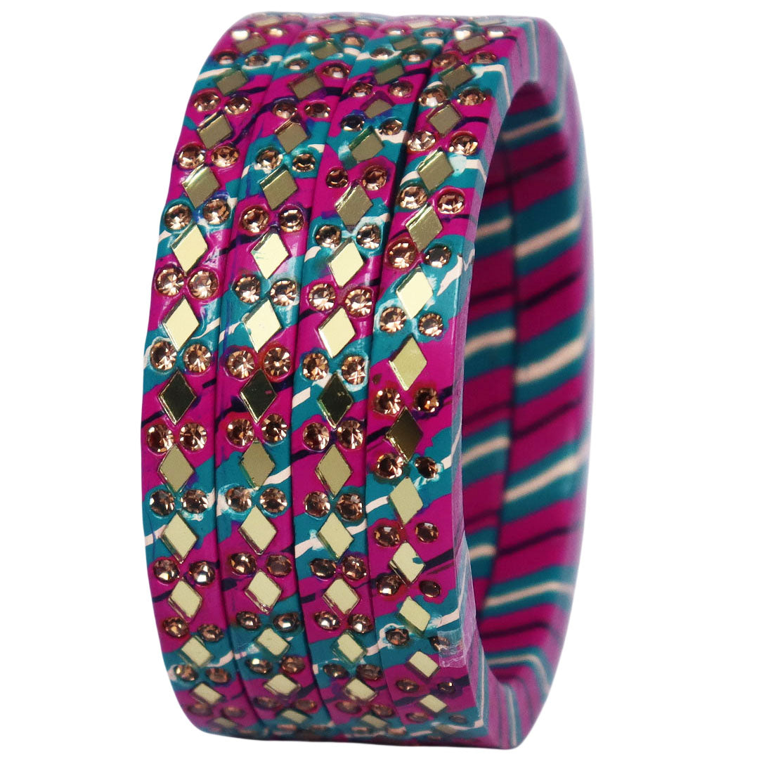 Traditional Rajasthani Leheriya Lac Bangles for Women | Handmade Mirror Work & Rhinestone Bangles by TAJ BRIDAL STORE