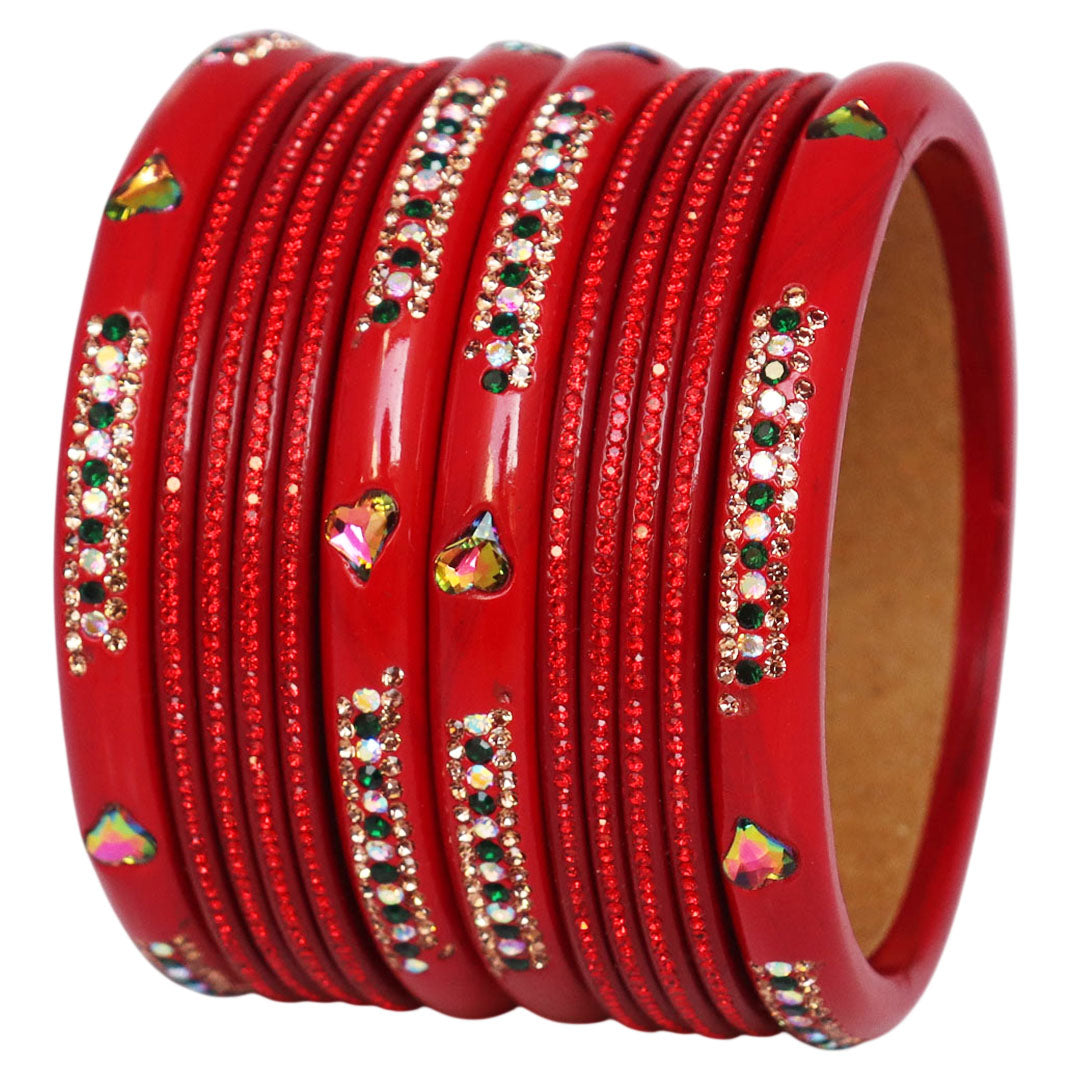 Jaipuri Lac Short Bangles with Heart Shape Kundan & Rhinestones