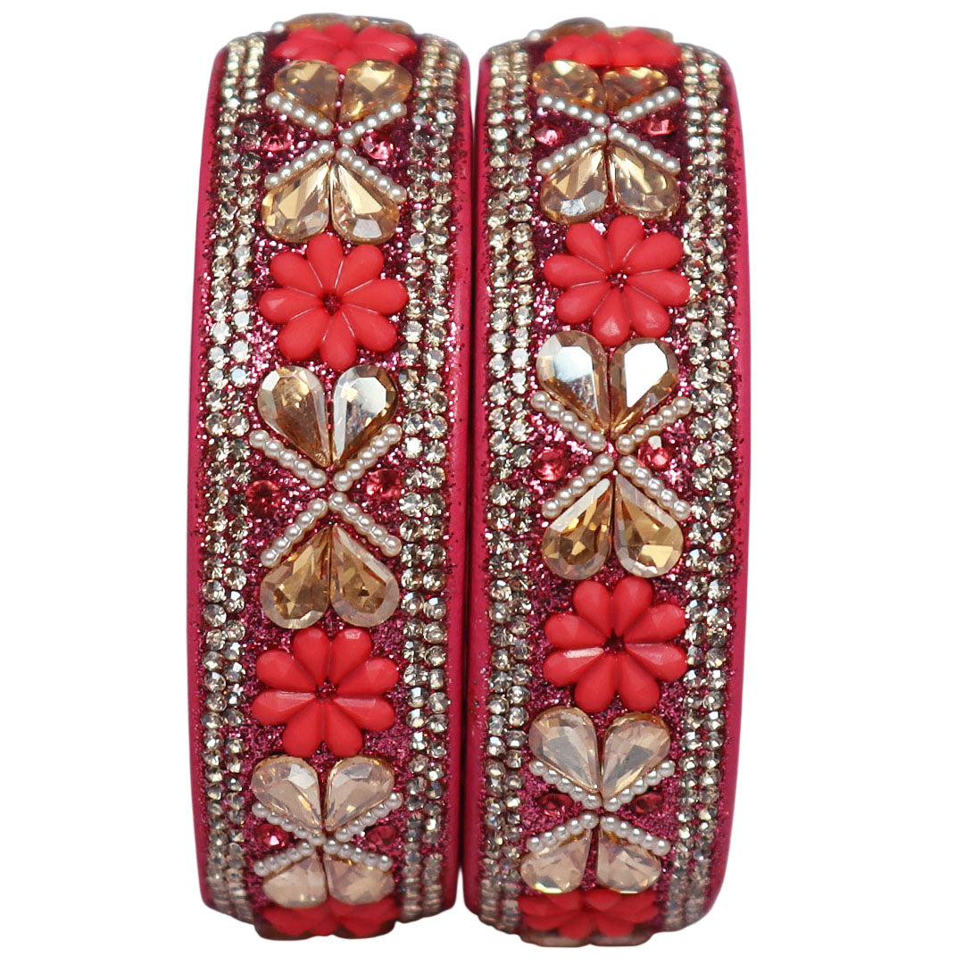 Designer Kundan Lac Bangles with Floral Rhinestones & Pearl Work by TAJ BRIDAL STORE