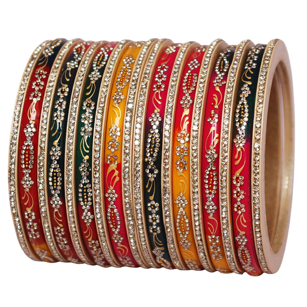 Rajasthani short lac bangles set with handpainted golden leaf pattern and sparkling stone work, traditional Jaipur bangles for bridal and festive wear.