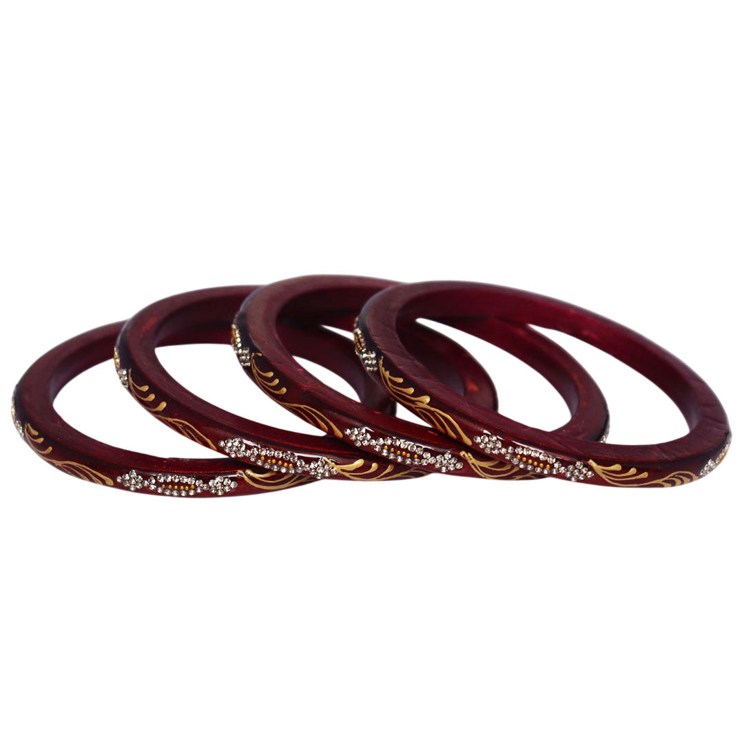 Handmade Pure Lac Bangles for Women with Handpainted Golden Leaf & White Rhinestone Stone Work, Traditional Jaipur Rajasthani Bangles Set of 4 by TAJ BRIDAL STORE