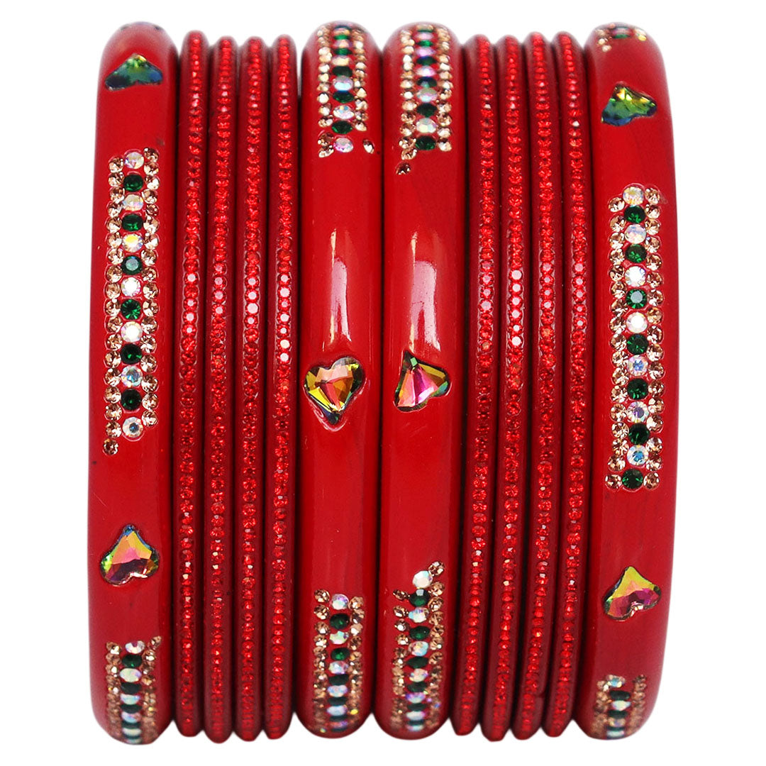 Jaipuri Lac Short Bangles with Heart Shape Kundan & Rhinestones