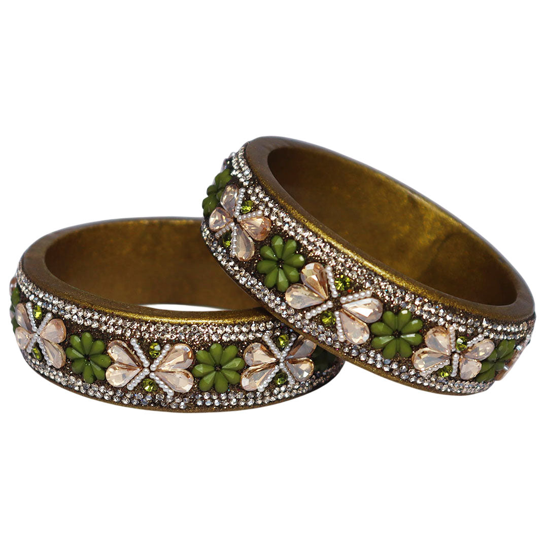 Designer Kundan Lac Bangles with Floral Rhinestones & Pearl Work by TAJ BRIDAL STORE