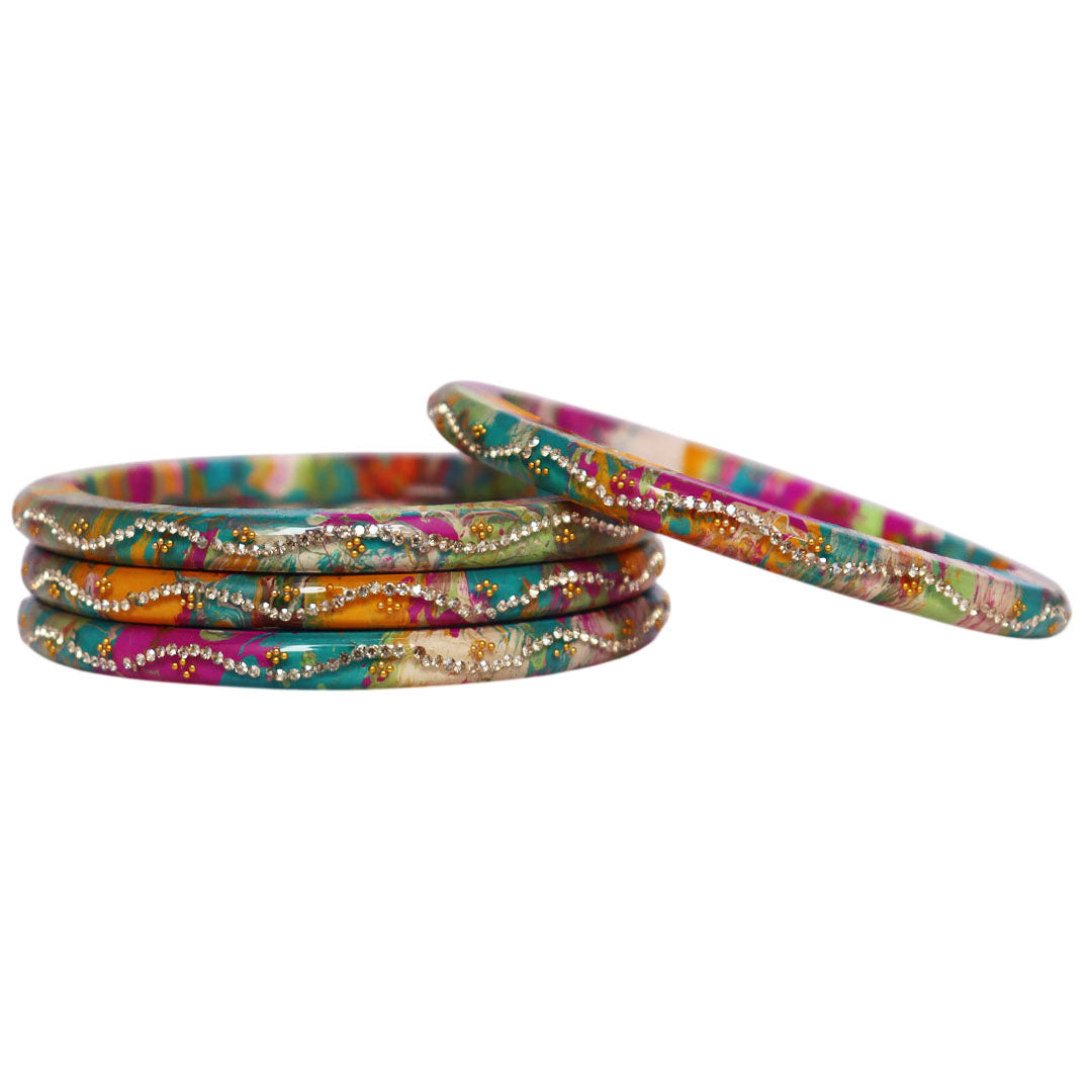Traditional Jaipuri Pure Lac Bangles for Women with Elegant Rhinestone Wave Design Glossy Ethnic Jewelry Set of 4