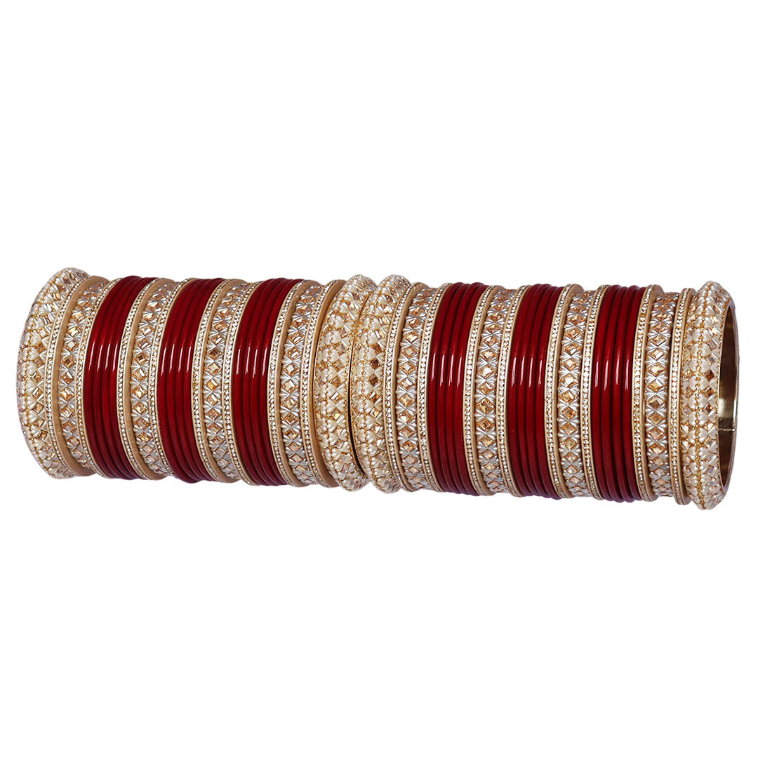 Maroon and red Kundan-style bridal bangles set for brides wearing traditional Punjabi outfits.