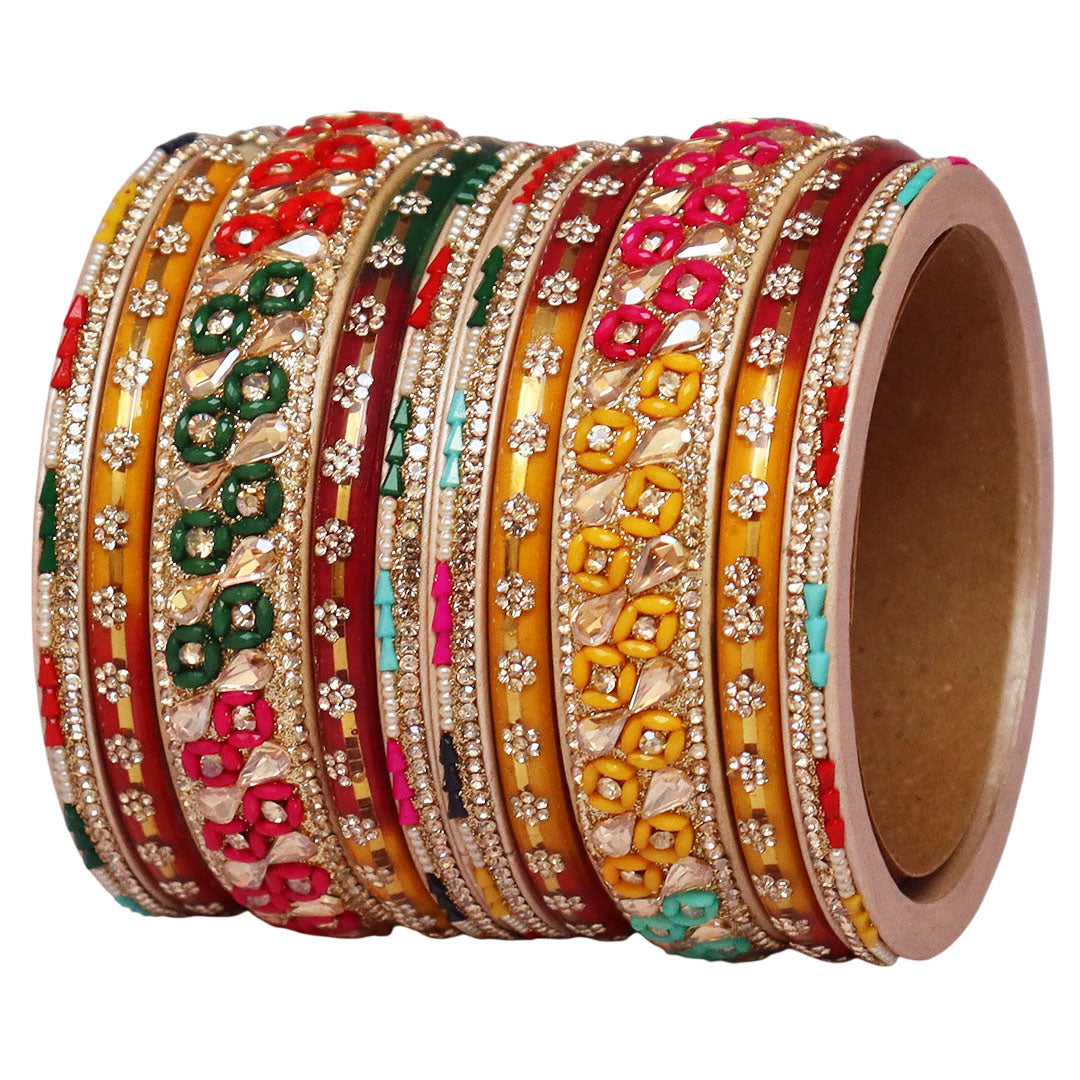 Fancy Jaipuri Lac Short Bangles Set with Kundan & Beads Design
