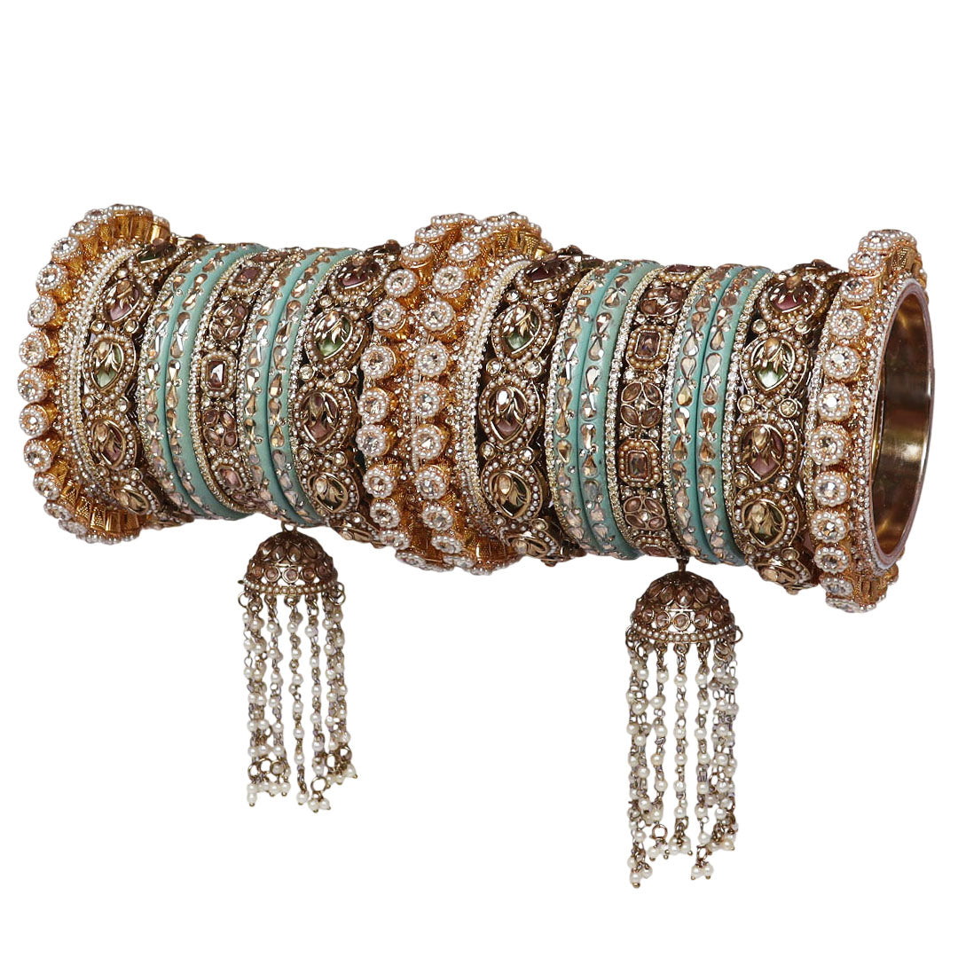 Luxury Rajwadi Bridal Bangles Set with Sky Blue Lac, Antique Gold Bangles, Premium Kundan Stones, Pearl Latkan and Traditional Rajasthani Craftsmanship