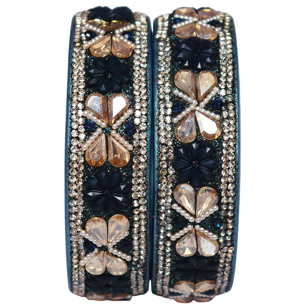 Designer Kundan Lac Bangles with Floral Rhinestones & Pearl Work by TAJ BRIDAL STORE