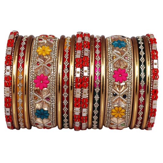Premium Rajasthani lac bangles with floral Kundan and rhinestone work by TAJ BRIDAL STORE