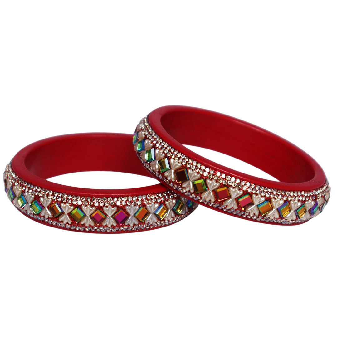 Handmade Jaipuri Lac Kada Bangles Set of 2 with Rainbow Artificial Stones