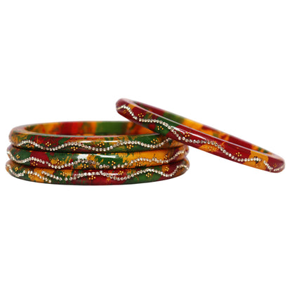 Ethnic Handmade Pure Lac Bangles for Women with Rhinestone Wave Pattern Glossy Jaipur Rajasthani Bangles Set of 4