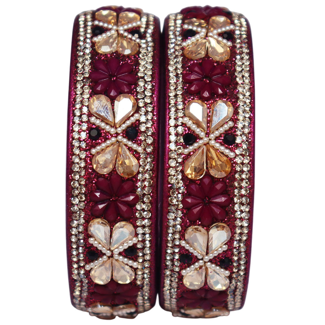 Designer Kundan Lac Bangles with Floral Rhinestones & Pearl Work by TAJ BRIDAL STORE