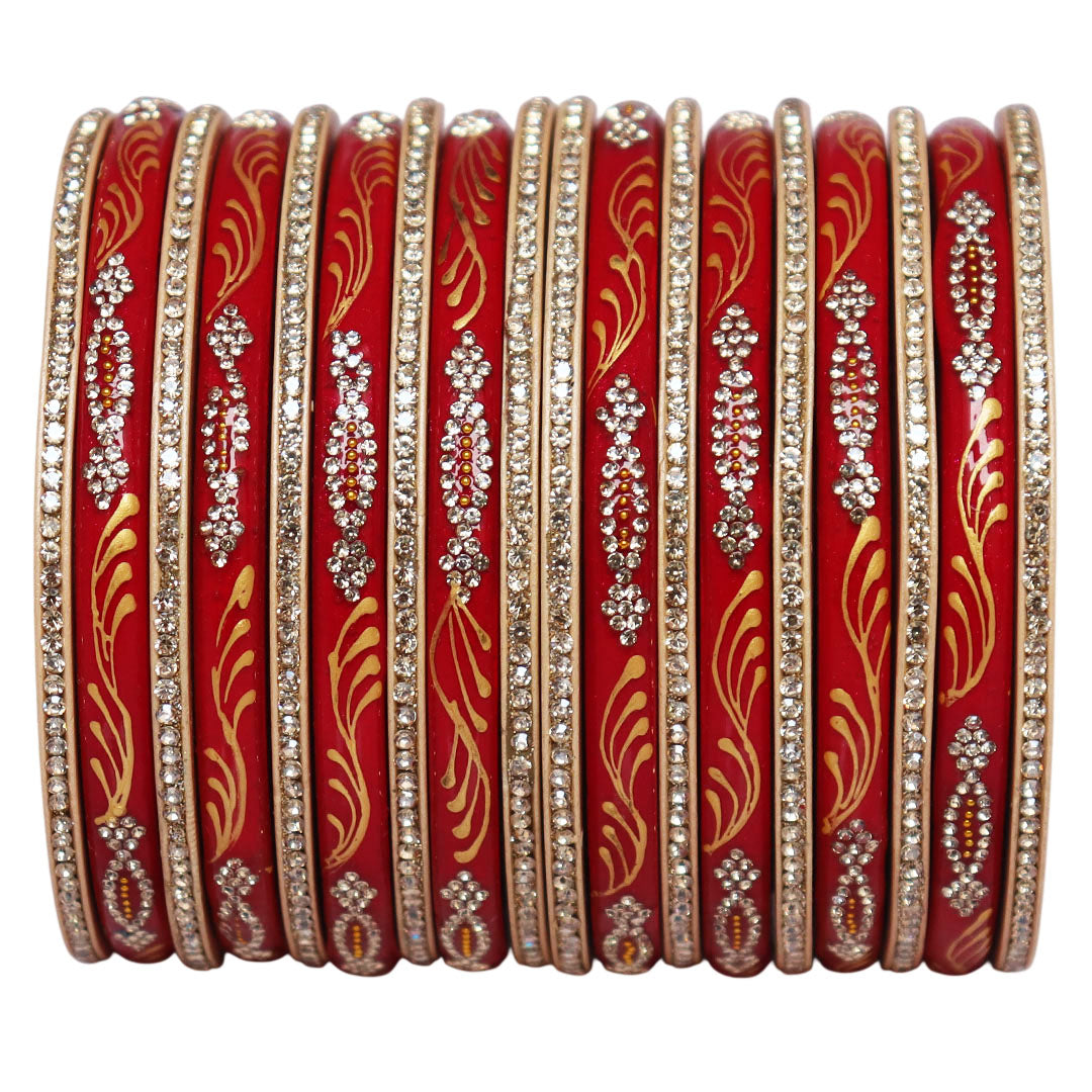 Premium handmade lac bangles set of 18 featuring golden leaf handpainting and rhinestone embellishments, authentic Rajasthani Jaipur jewelry.