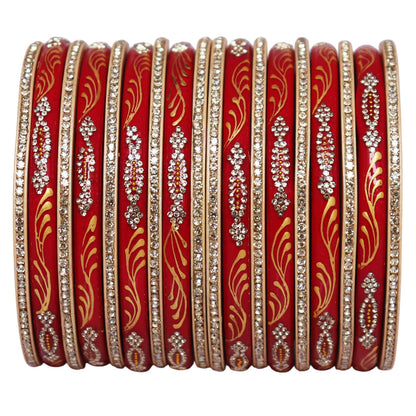 Premium handmade lac bangles set of 18 featuring golden leaf handpainting and rhinestone embellishments, authentic Rajasthani Jaipur jewelry.