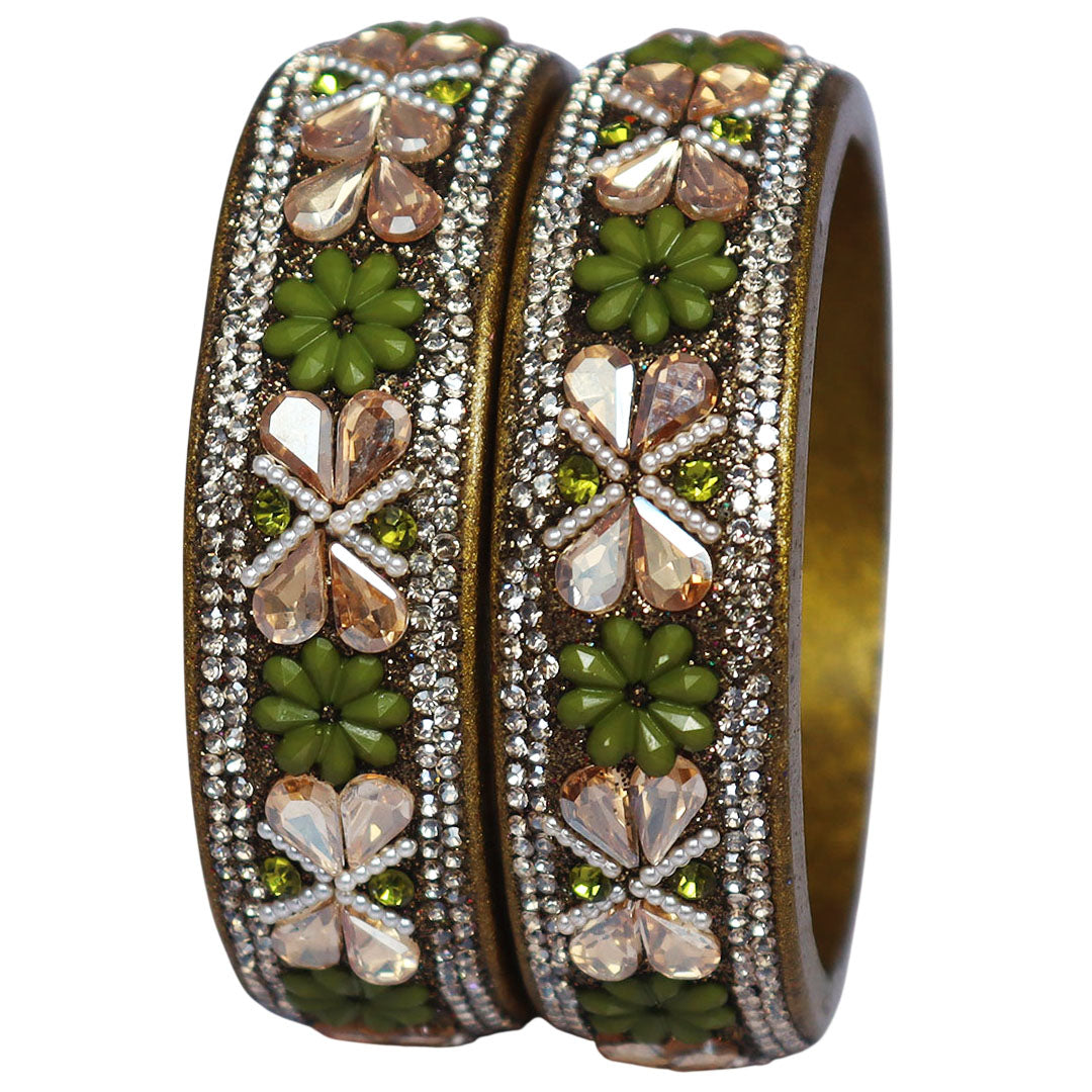 Designer Kundan Lac Bangles with Floral Rhinestones & Pearl Work by TAJ BRIDAL STORE