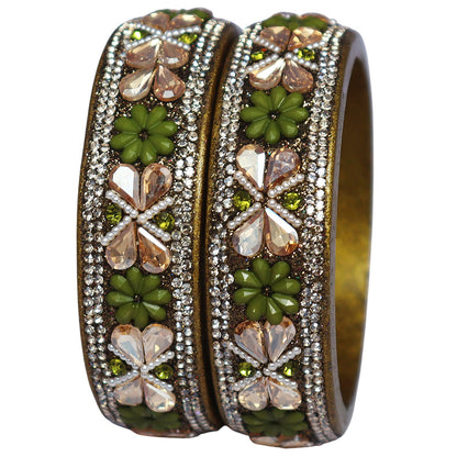 Designer Kundan Lac Bangles with Floral Rhinestones & Pearl Work by TAJ BRIDAL STORE